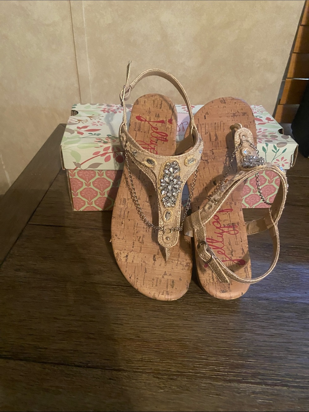 Jellypop Gold Jeweled Cork-Effect Thong Sandals